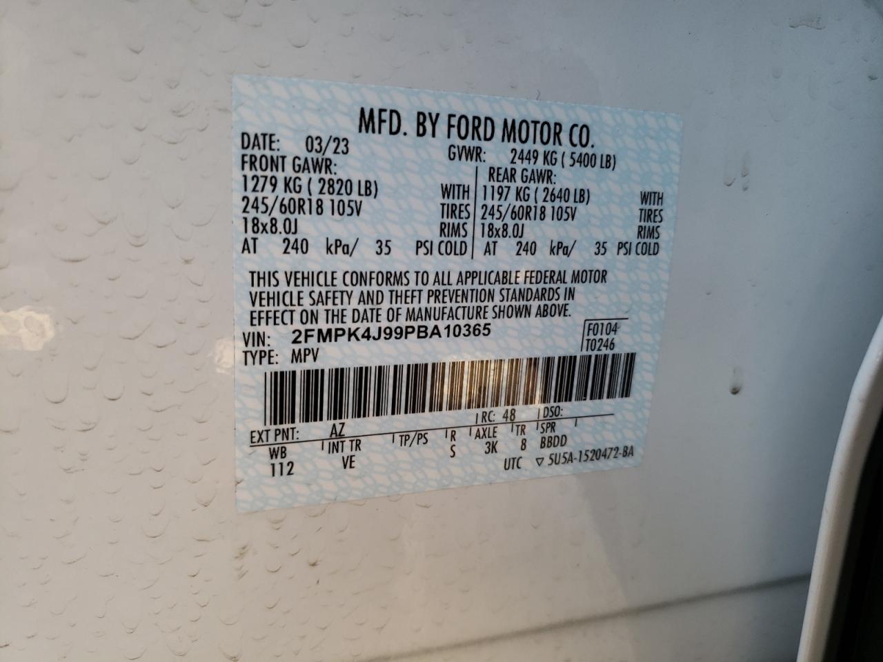2023 FORD EDGE SEL VIN:2FMPK4J99PBA10365