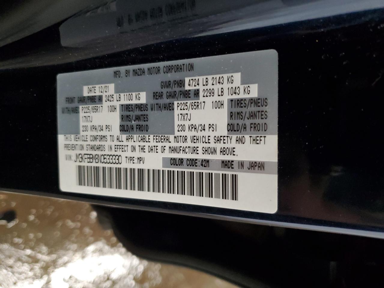 2022 MAZDA CX-5 SELECT VIN:JM3KFBBM8N0533330