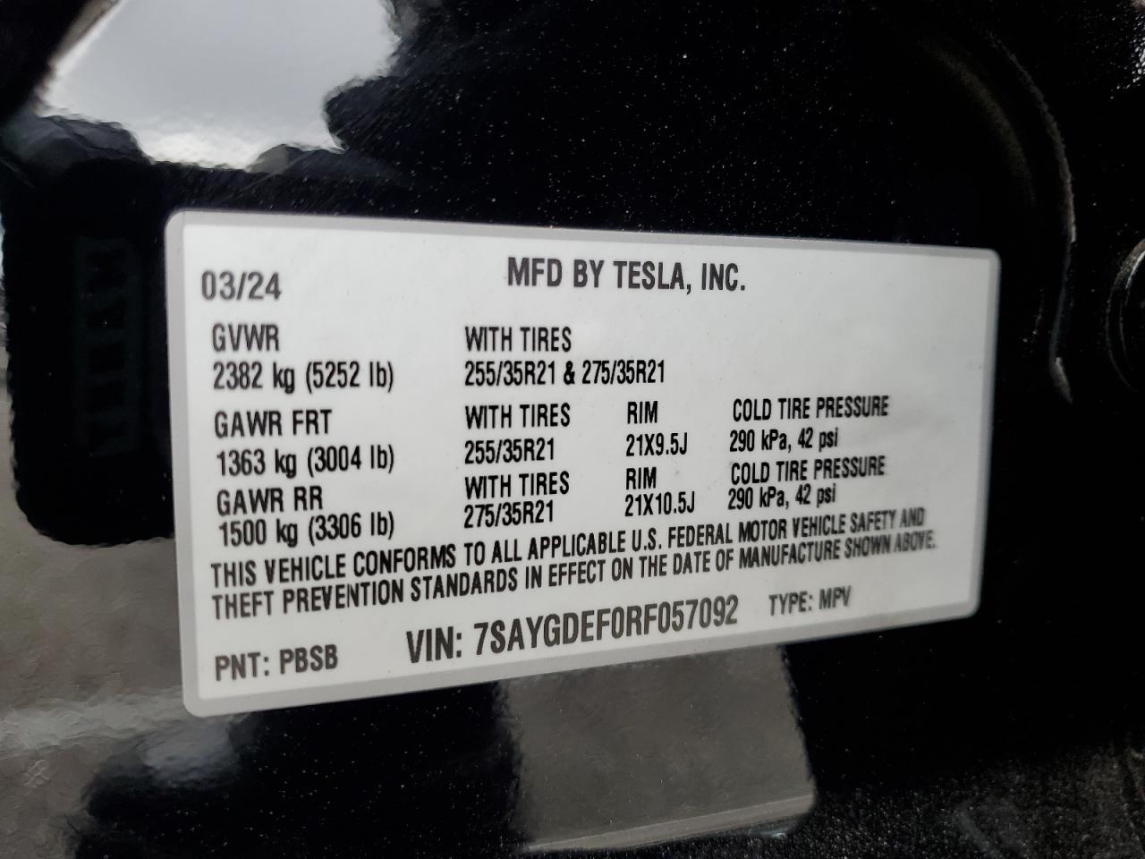 2024 TESLA MODEL Y  VIN:7SAYGDEF0RF057092