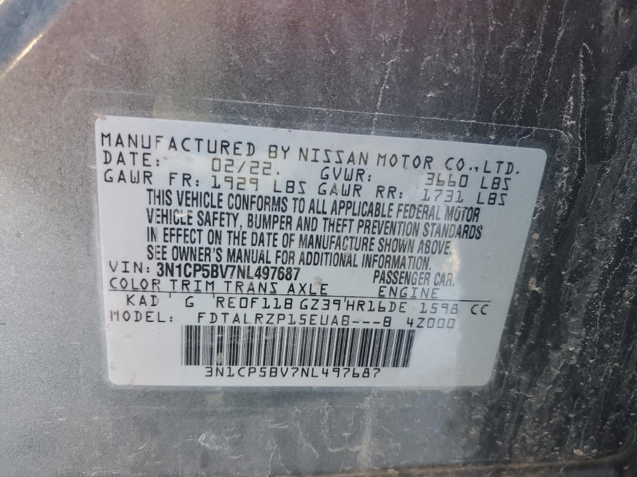 2022 NISSAN KICKS S VIN:3N1CP5BV7NL497687