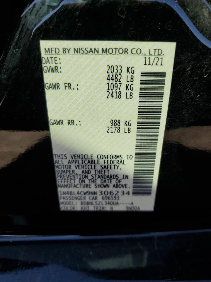 2022 NISSAN ALTIMA SR VIN:1N4BL4CW9NN306234