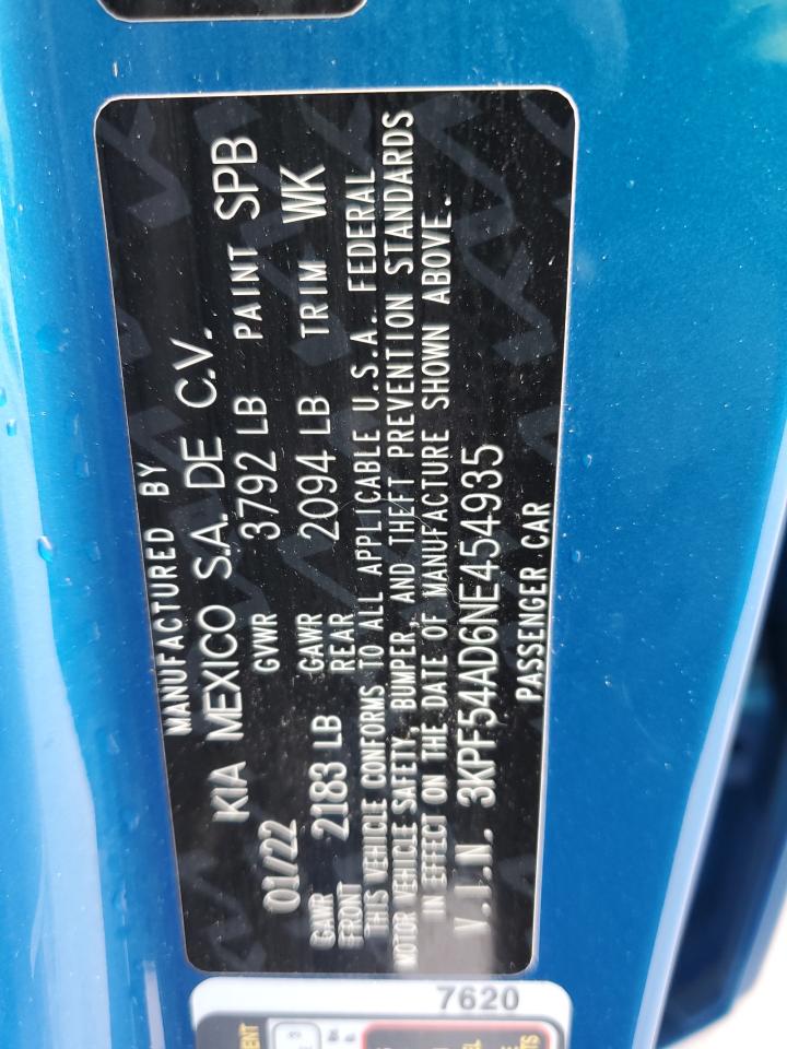 2022 KIA FORTE GT LINE VIN:3KPF54AD6NE454935