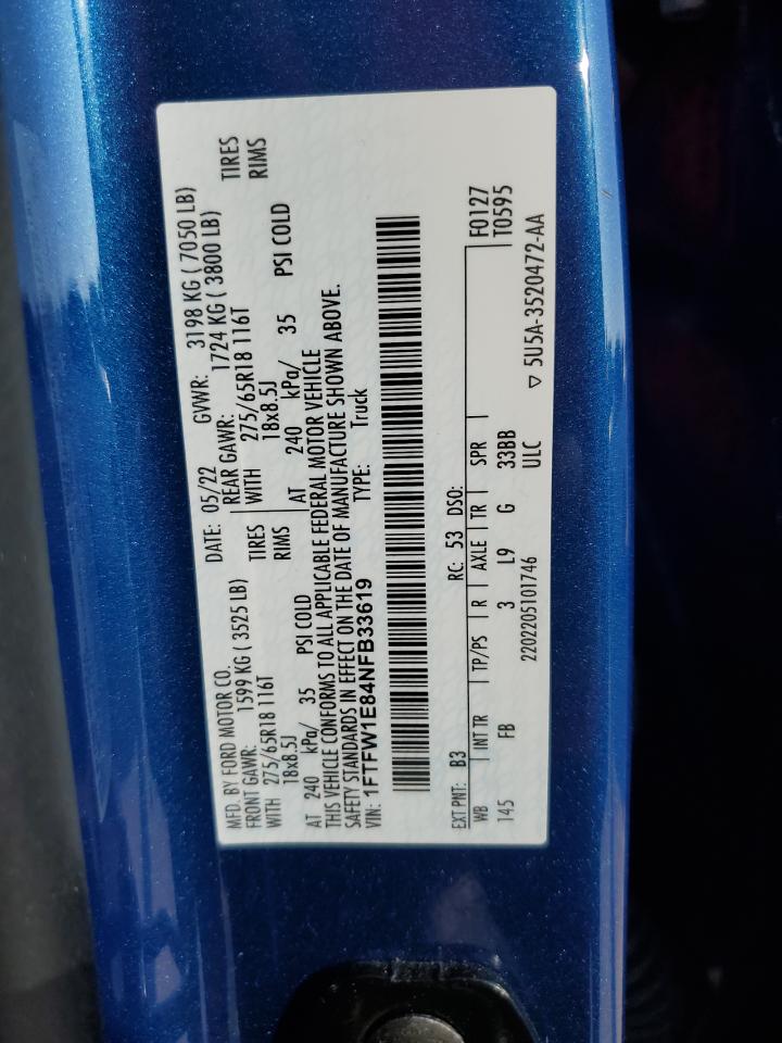 2022 FORD F150 SUPERCREW VIN:1FTFW1E84NFB33619