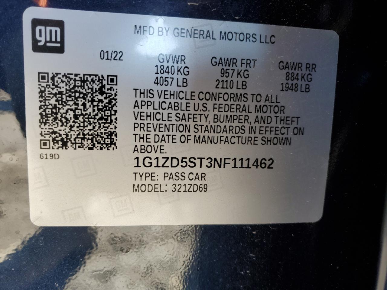 2022 CHEVROLET MALIBU LT VIN:1G1ZD5ST3NF111462