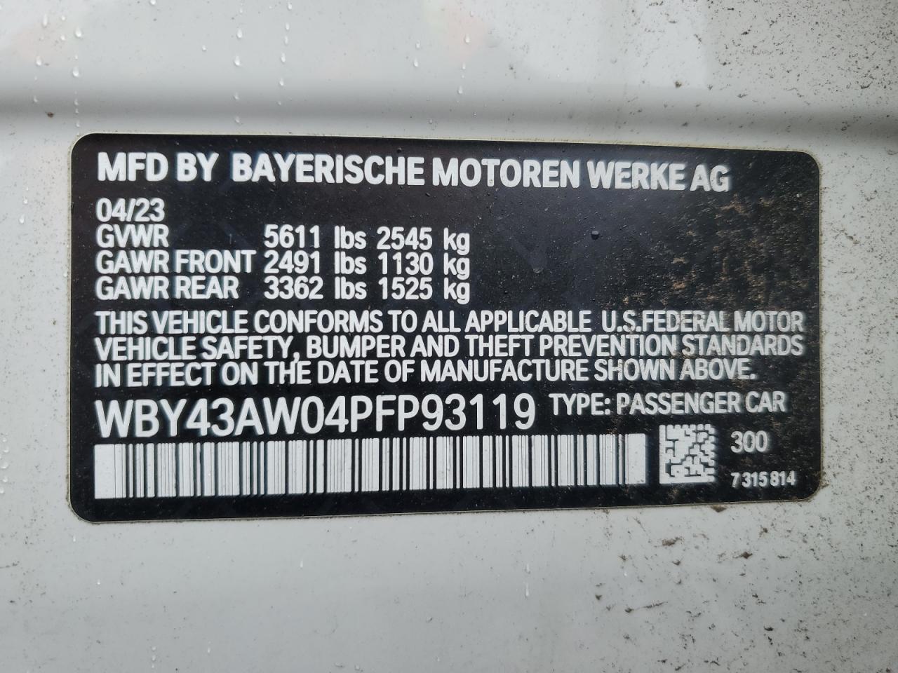 2023 BMW I4 EDRIVE 35 VIN:WBY43AW04PFP93119