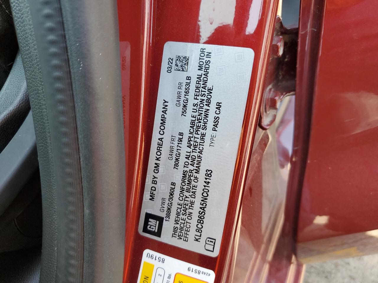 2022 CHEVROLET SPARK LS VIN:KL8CB6SA5NC014183