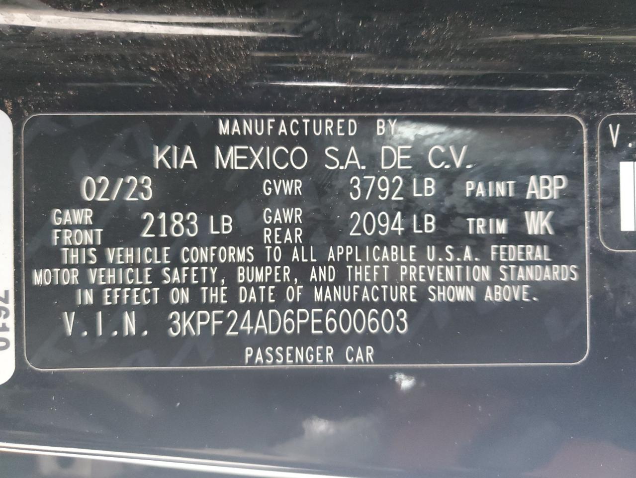 2023 KIA FORTE LX VIN:3KPF24AD6PE600603