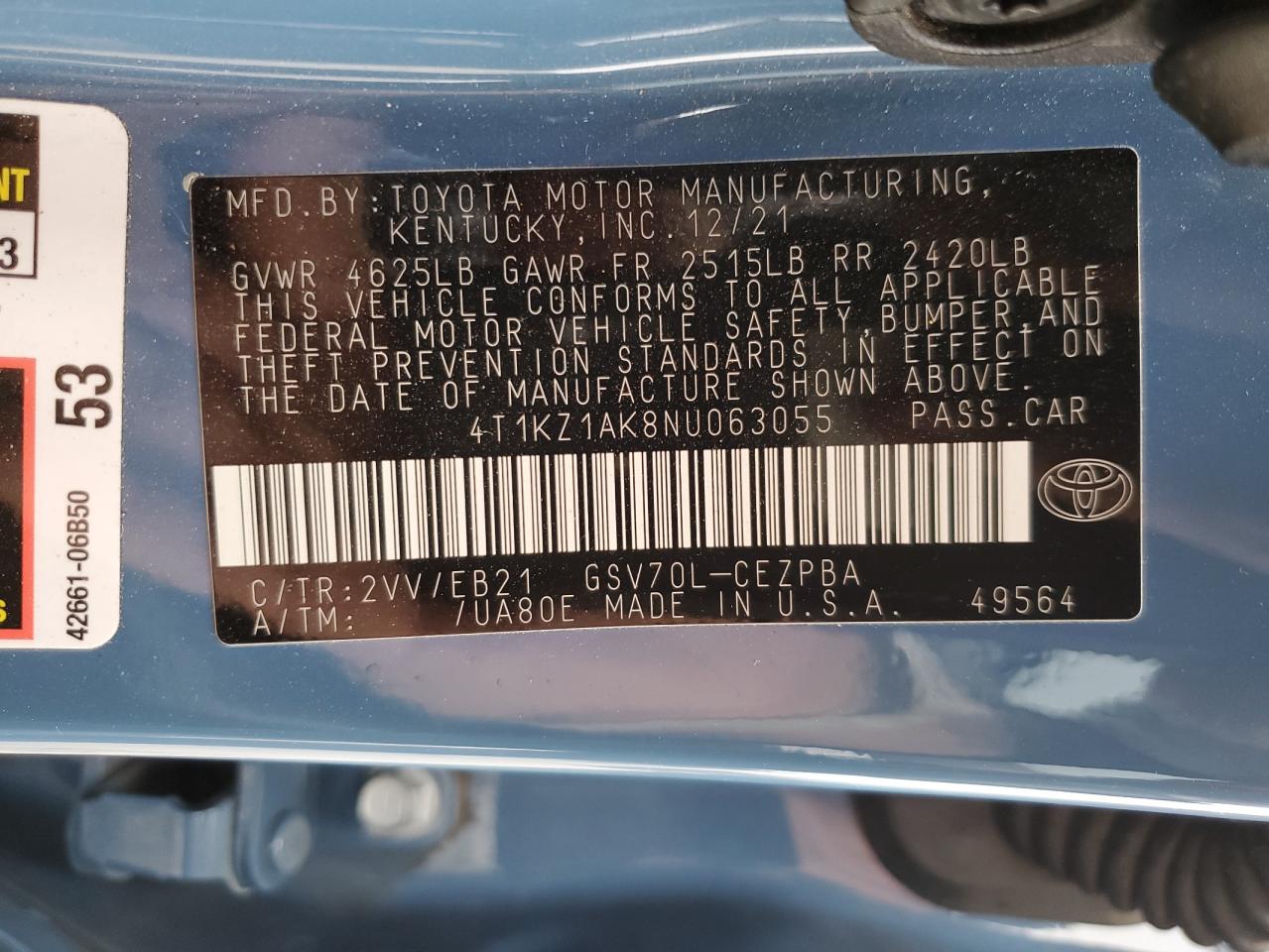 2022 TOYOTA CAMRY TRD VIN:4T1KZ1AK8NU063055