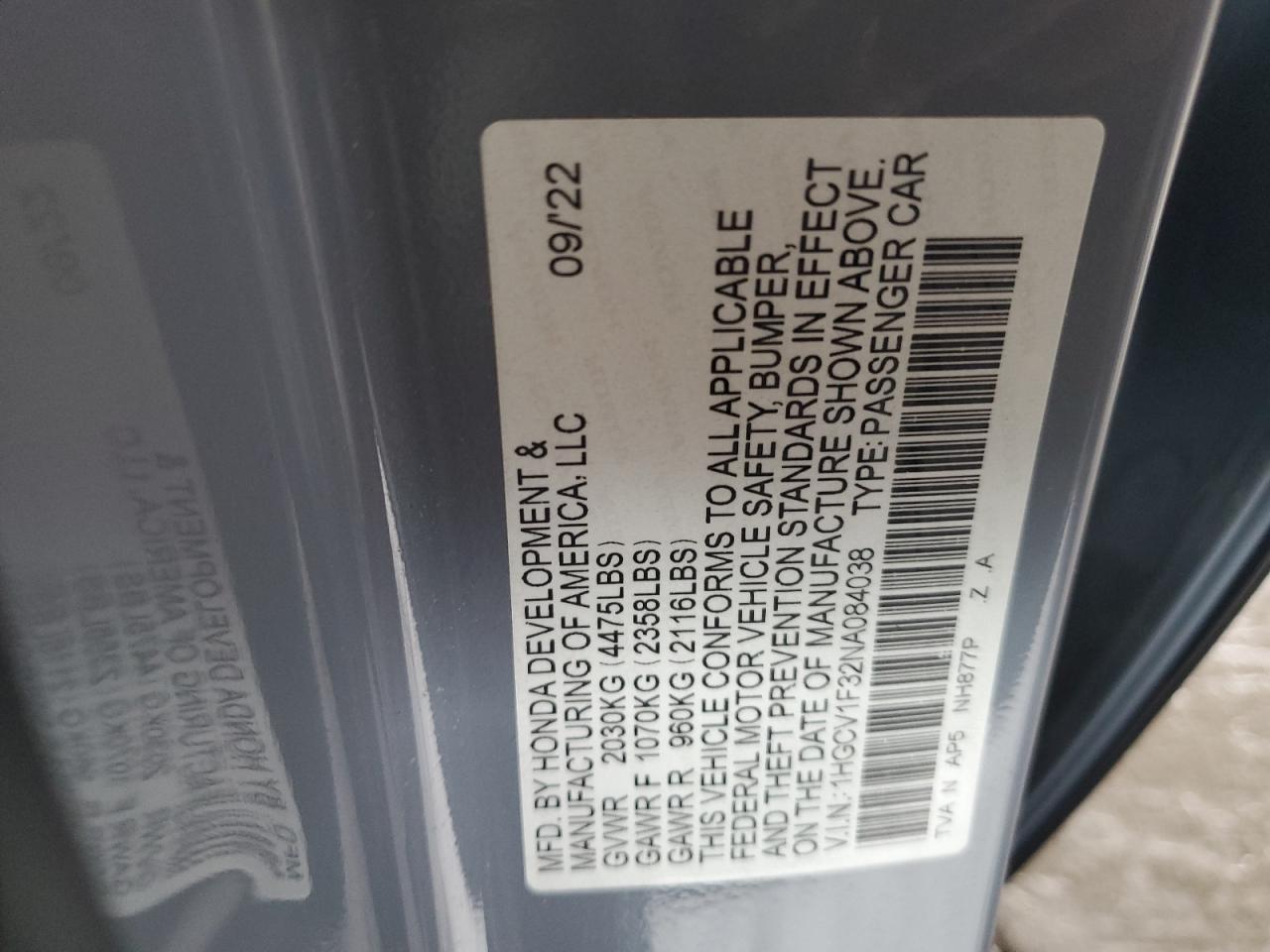 2022 HONDA ACCORD SPORT VIN:1HGCV1F32NA084038