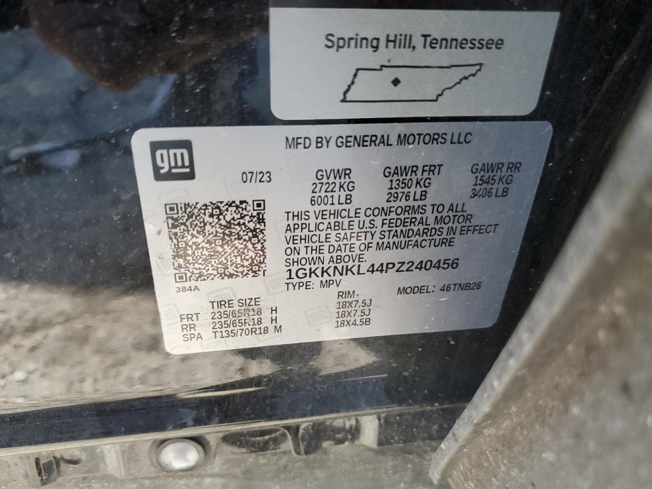 2023 GMC ACADIA SLE VIN:1GKKNKL44PZ240456