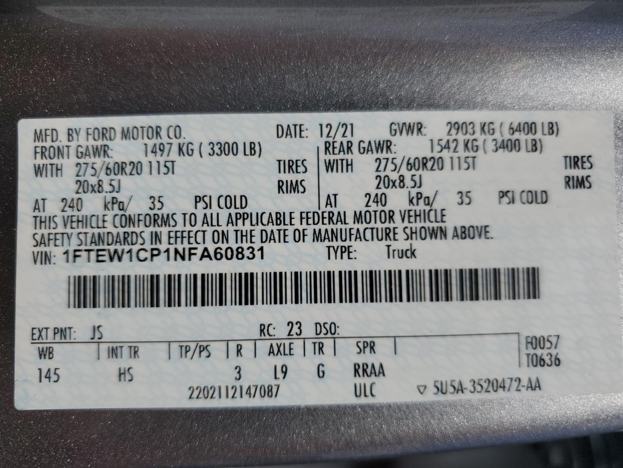 2022 FORD F150 SUPERCREW VIN:1FTEW1CP1NFA60831