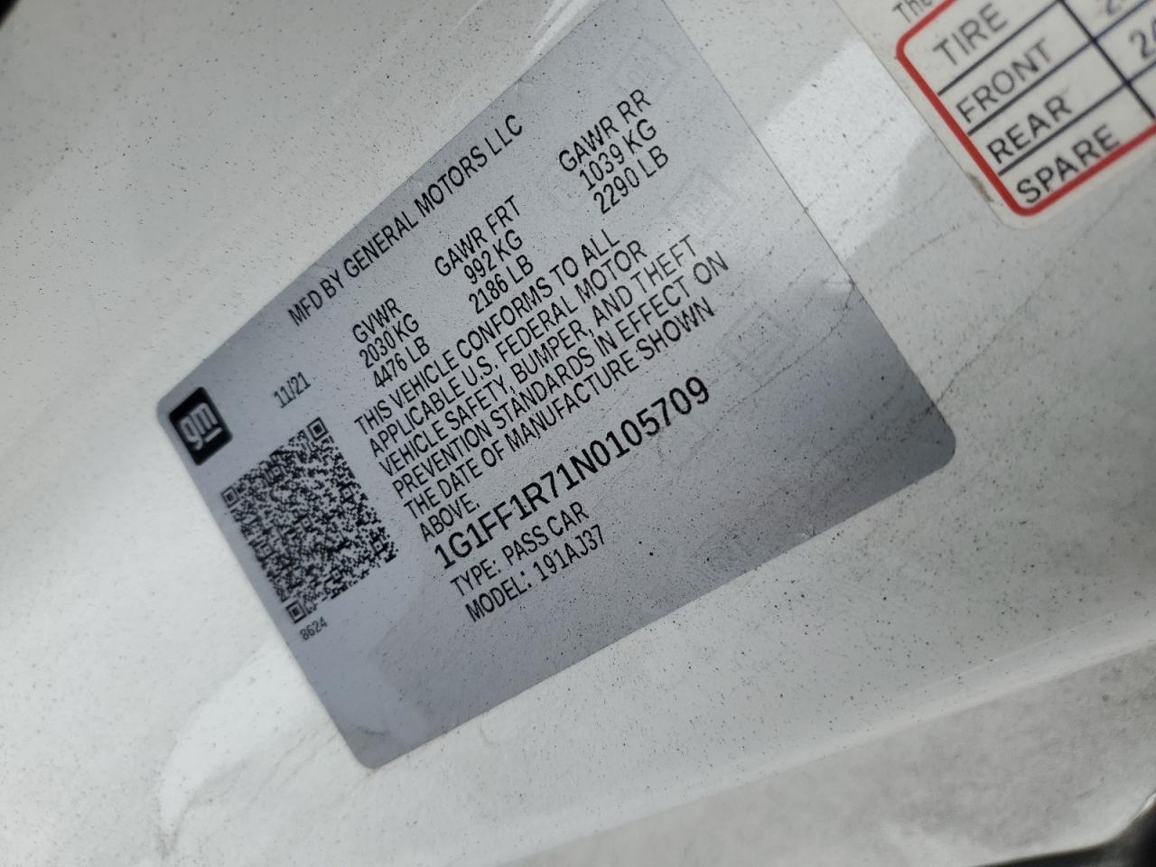 2022 CHEVROLET CAMARO LT1 VIN:1G1FF1R71N0105709