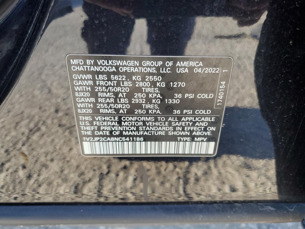 2022 VOLKSWAGEN ATLAS SE VIN:1V2JP2CA8NC541186