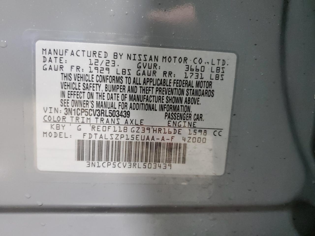 2024 NISSAN KICKS SV VIN:3N1CP5CV3RL503439