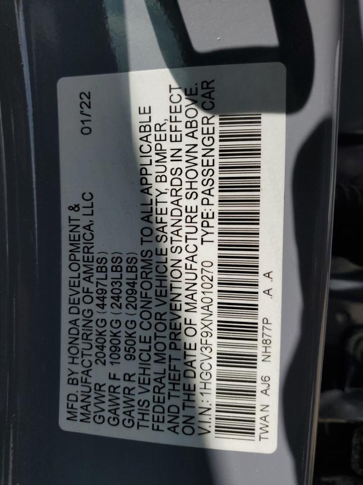 2022 HONDA ACCORD TOURING HYBRID VIN:1HGCV3F9XNA010270