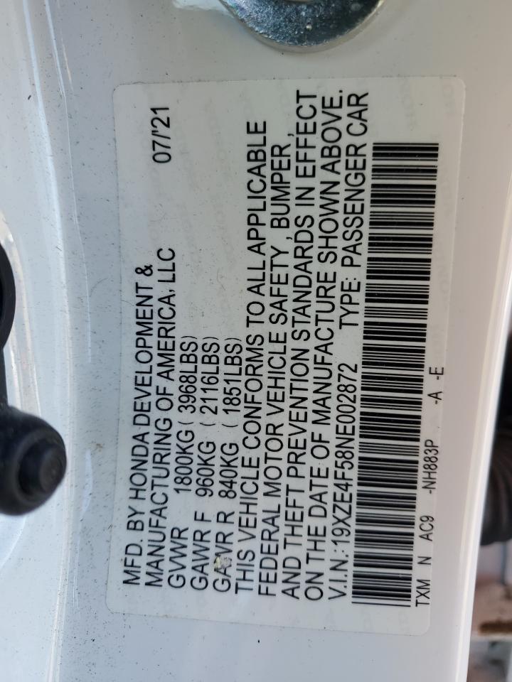 2022 HONDA INSIGHT EX VIN:19XZE4F58NE002872