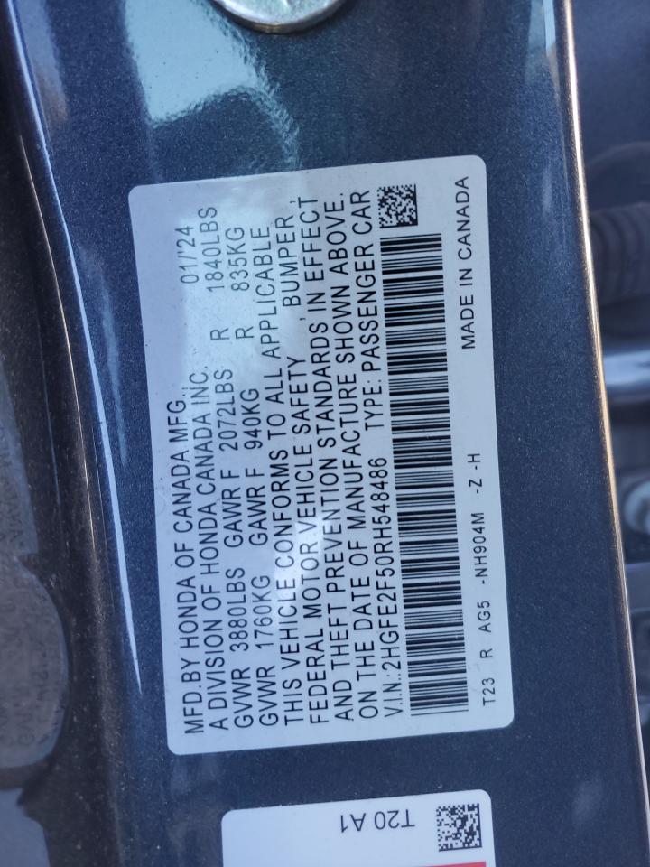 2024 HONDA CIVIC SPORT VIN:2HGFE2F50RH548486