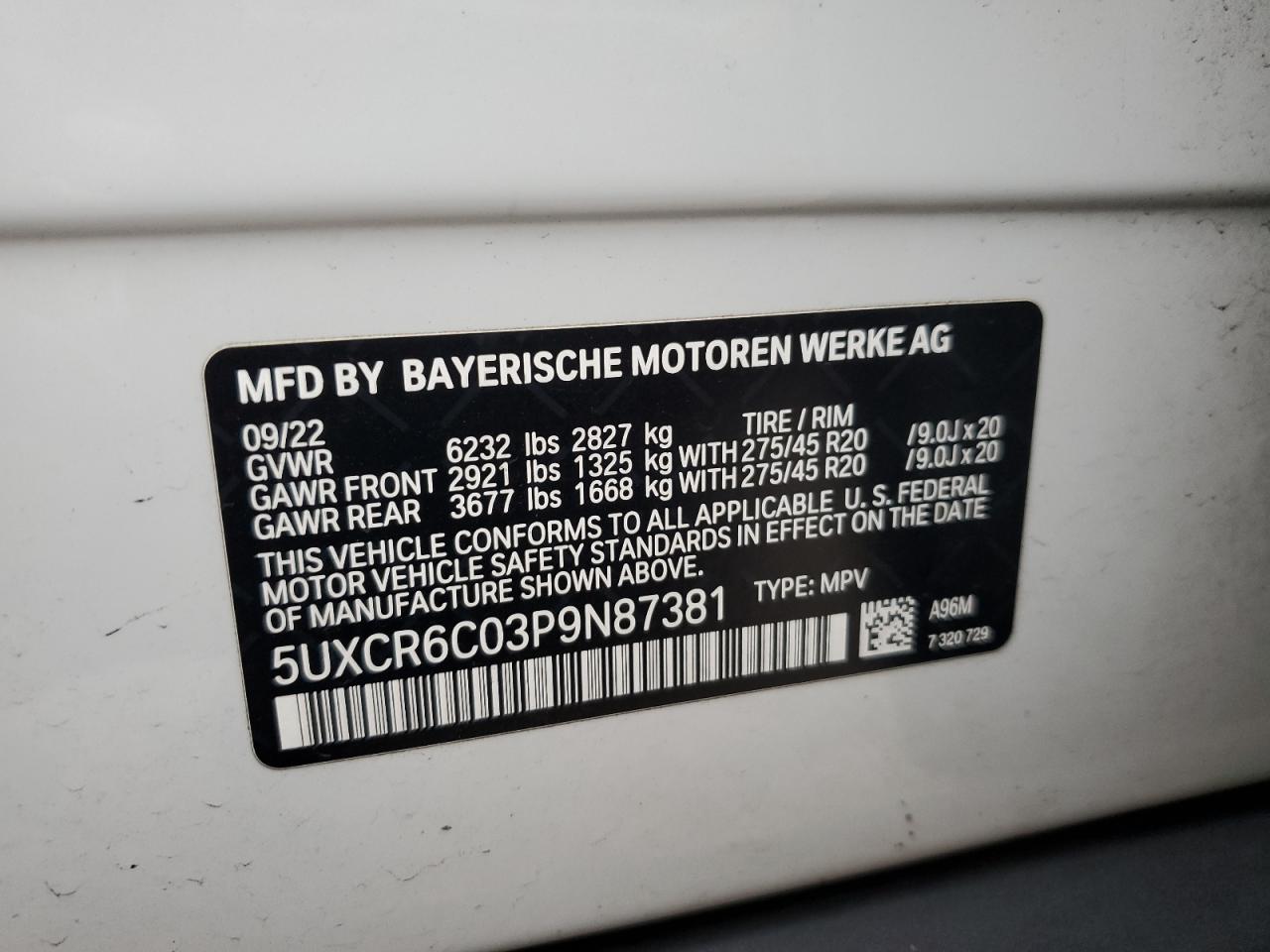 2023 BMW X5 XDRIVE40I VIN:5UXCR6C03P9N87381