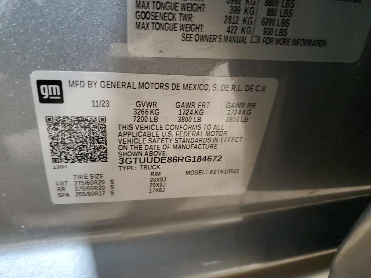 2024 GMC SIERRA K1500 SLT VIN:5TFUW5F11DX276147