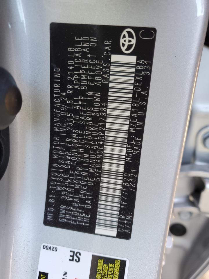 2024 TOYOTA COROLLA LE VIN:5YFB4MDE4RP217984