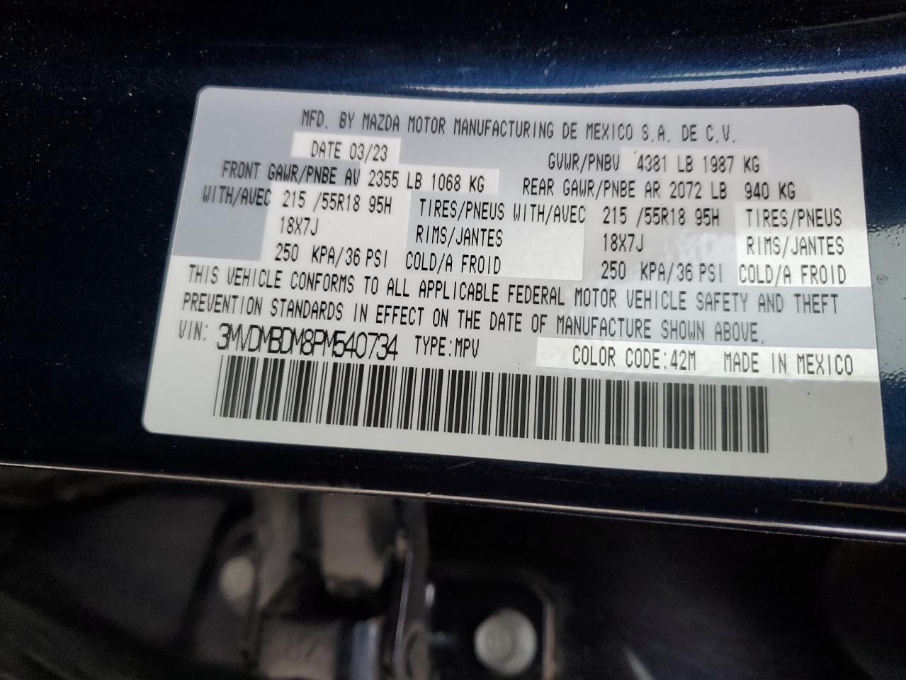 2023 MAZDA CX-30 PREMIUM VIN:3MVDMBDM8PM540734
