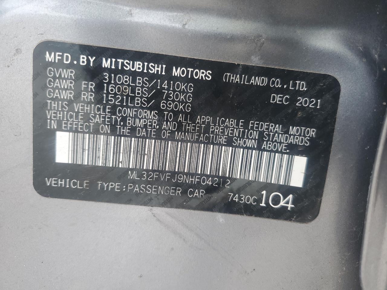 2022 MITSUBISHI MIRAGE G4 SE VIN:ML32FVFJ9NHF04212