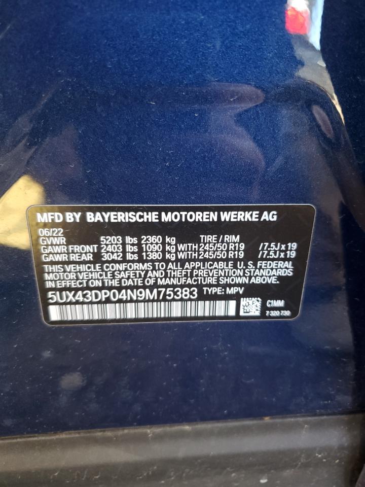 2022 BMW X3 SDRIVE30I VIN:5UX43DP04N9M75383