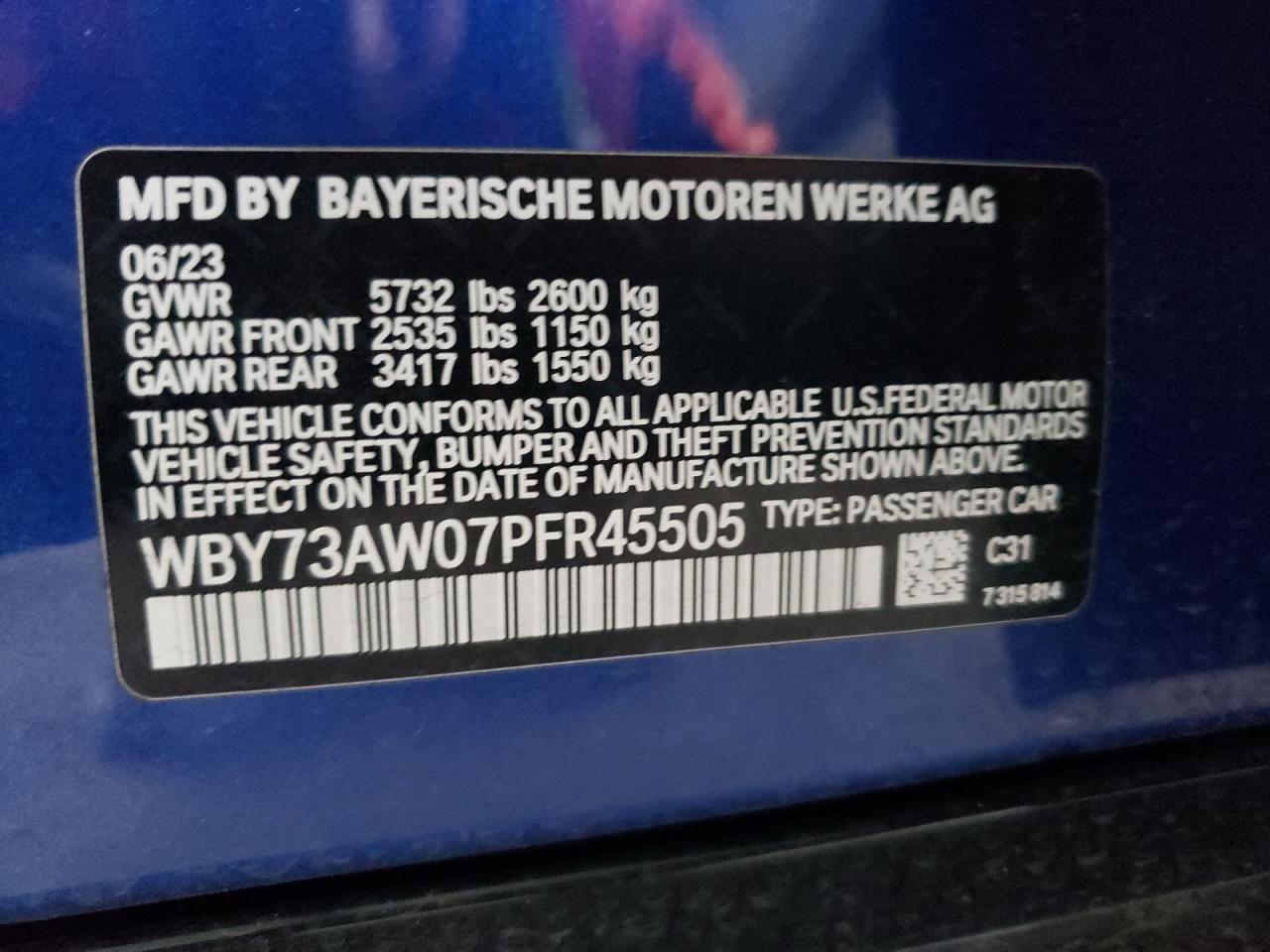 2023 BMW I4 EDRIVE 40 VIN:WBY73AW07PFR45505