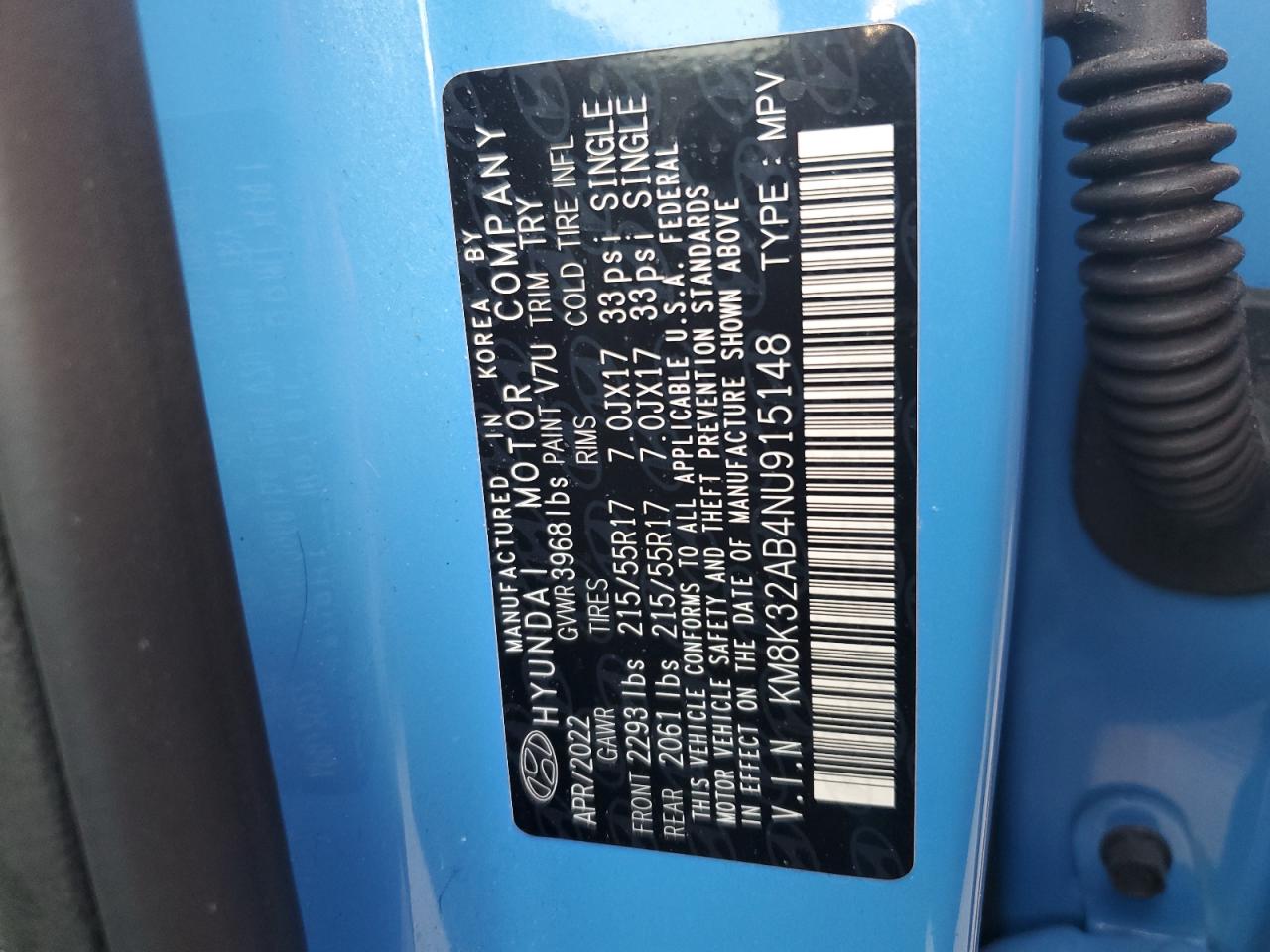 2022 HYUNDAI KONA SEL VIN:KM8K32AB4NU915148