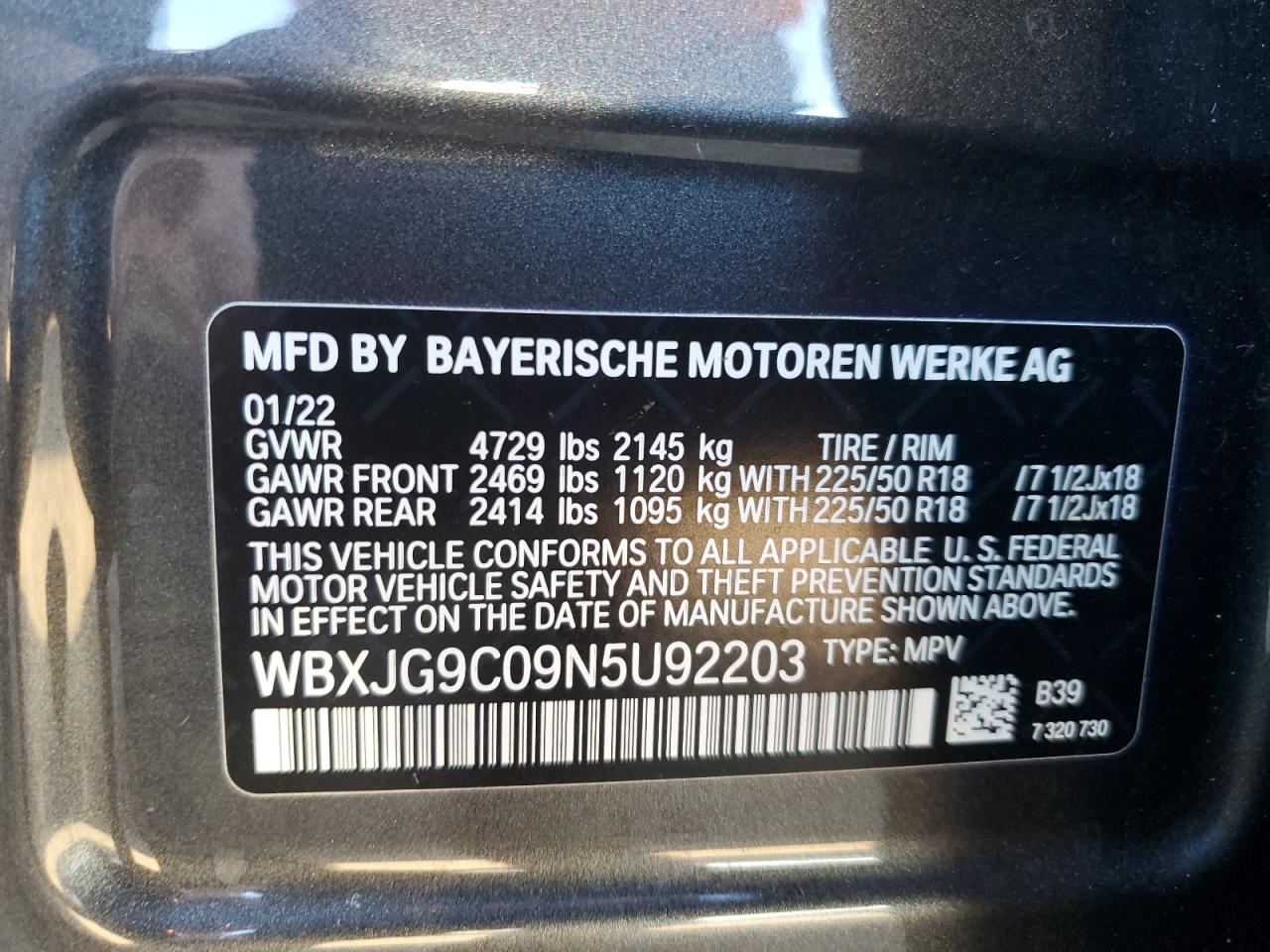 2022 BMW X1 XDRIVE28I VIN:WBXJG9C09N5U92203