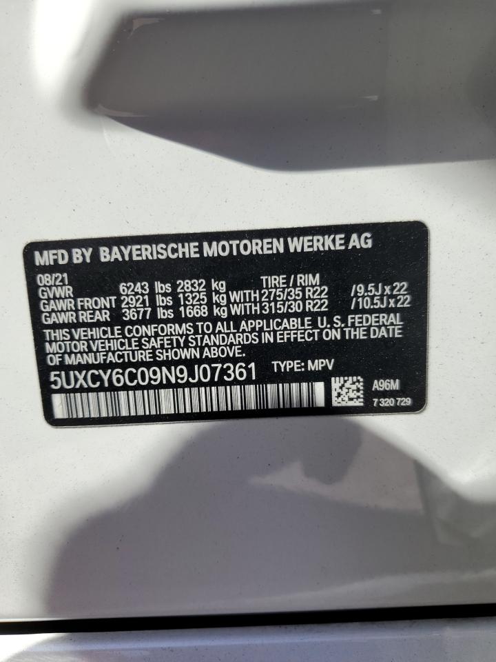 2022 BMW X6 XDRIVE40I VIN:5UXCY6C09N9J07361