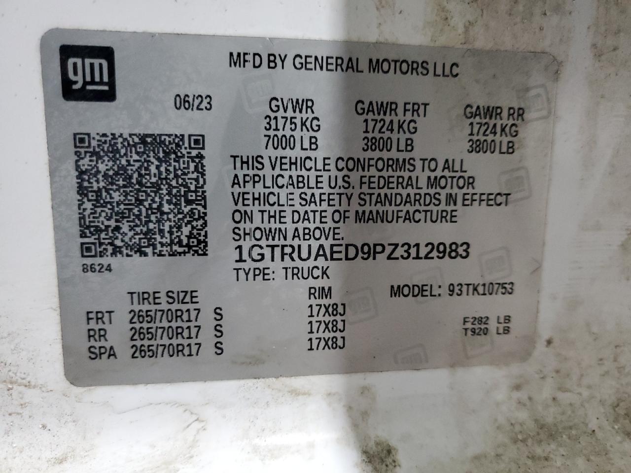 2023 GMC SIERRA K1500 VIN:1GTRUAED9PZ312983