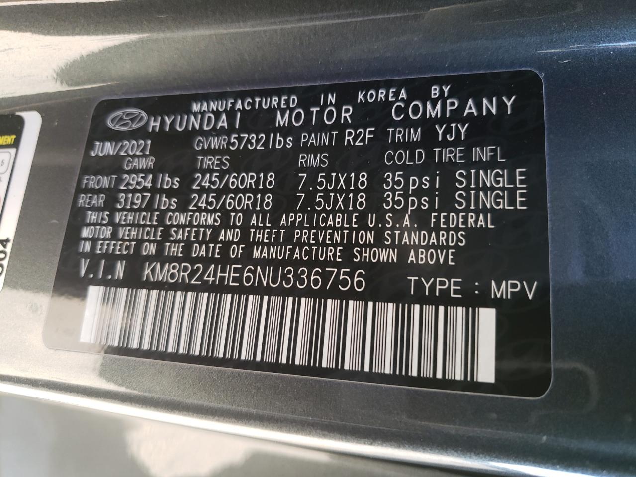 2022 HYUNDAI PALISADE SEL VIN:KM8R24HE6NU336756