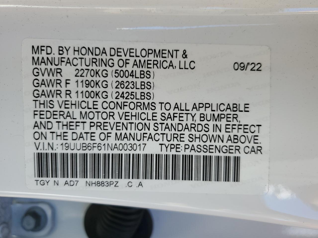 2022 ACURA TLX ADVANCE VIN:19UUB6F61NA003017