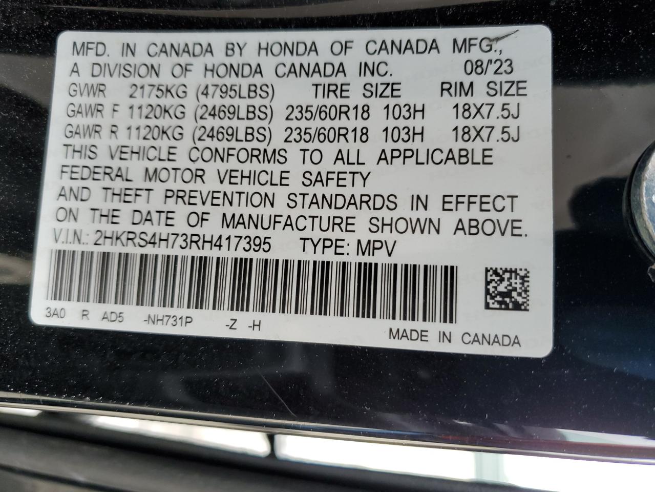 2024 HONDA CR-V EXL VIN:2HKRS4H73RH417395