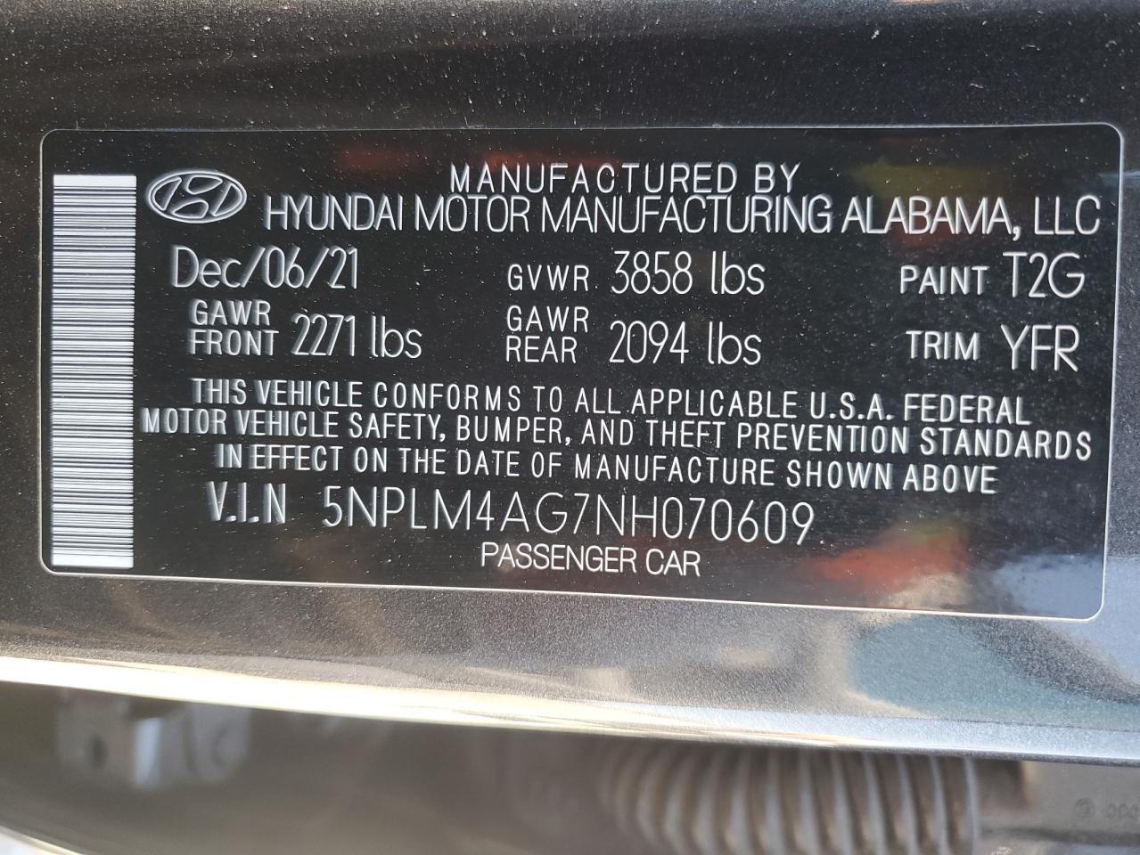 2022 HYUNDAI ELANTRA SEL VIN:5NPLM4AG7NH070609