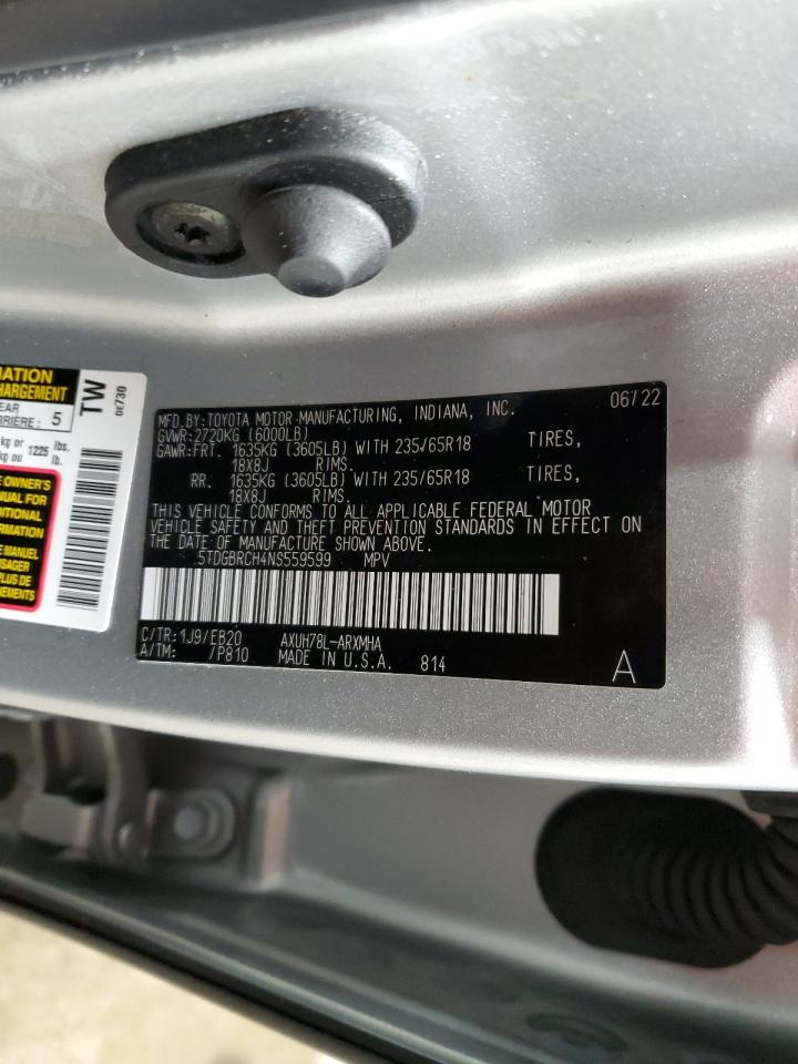 2022 TOYOTA HIGHLANDER HYBRID XLE VIN:5TDGBRCH4NS559599