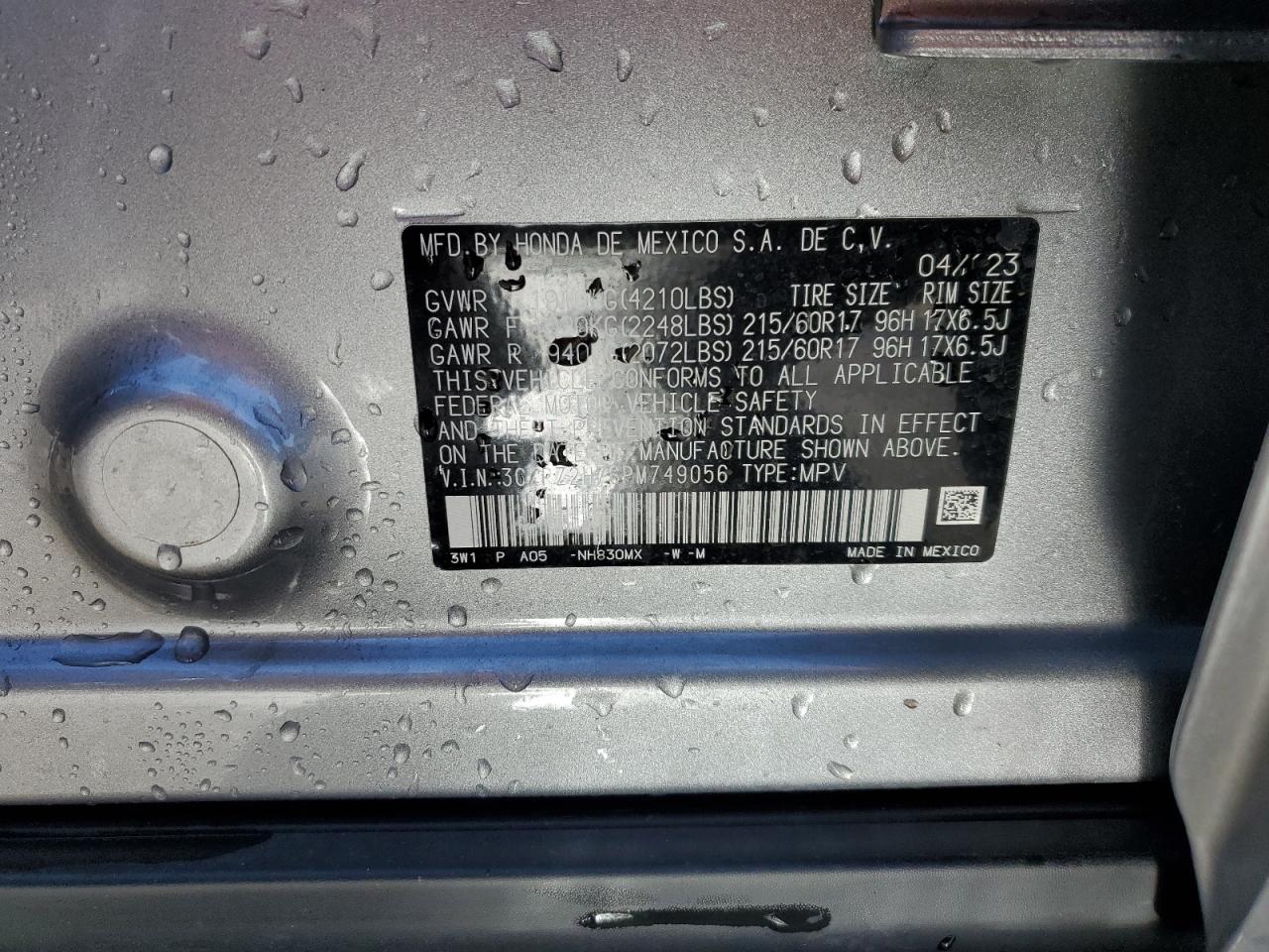 2023 HONDA HR-V EXL VIN:3CZRZ2H76PM749056