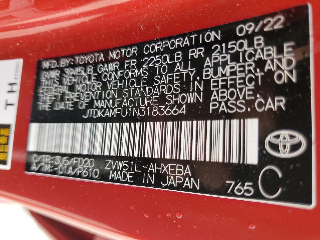 2022 TOYOTA PRIUS NIGHT SHADE VIN:JTDKAMFU1N3183664