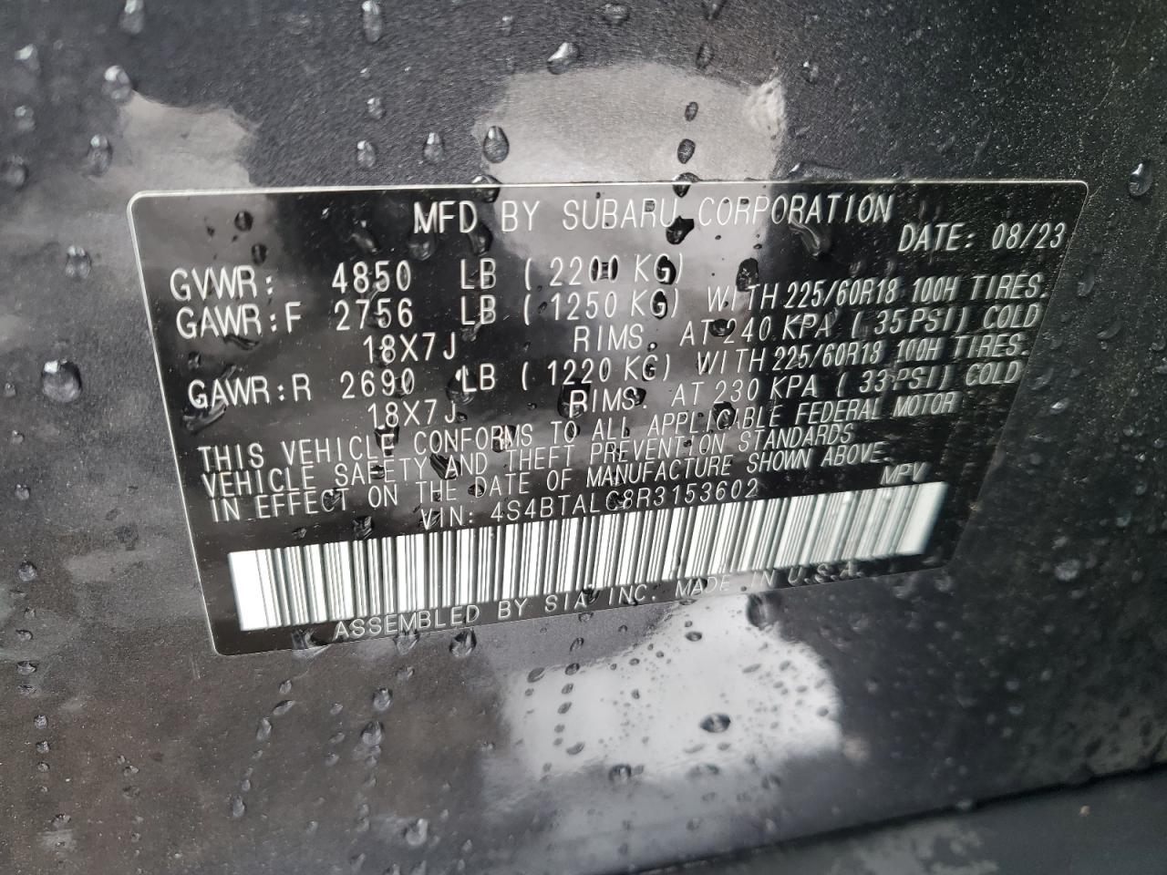 2024 SUBARU OUTBACK ONYX EDITION VIN:4S4BTALC8R3153602