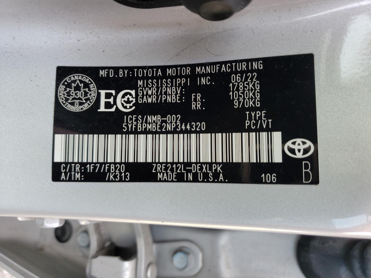 2022 TOYOTA COROLLA LE VIN:5YFBPMBE2NP344320