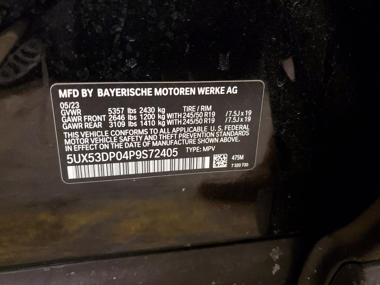 2023 BMW X3 XDRIVE30I VIN:5UX53DP04P9S72405