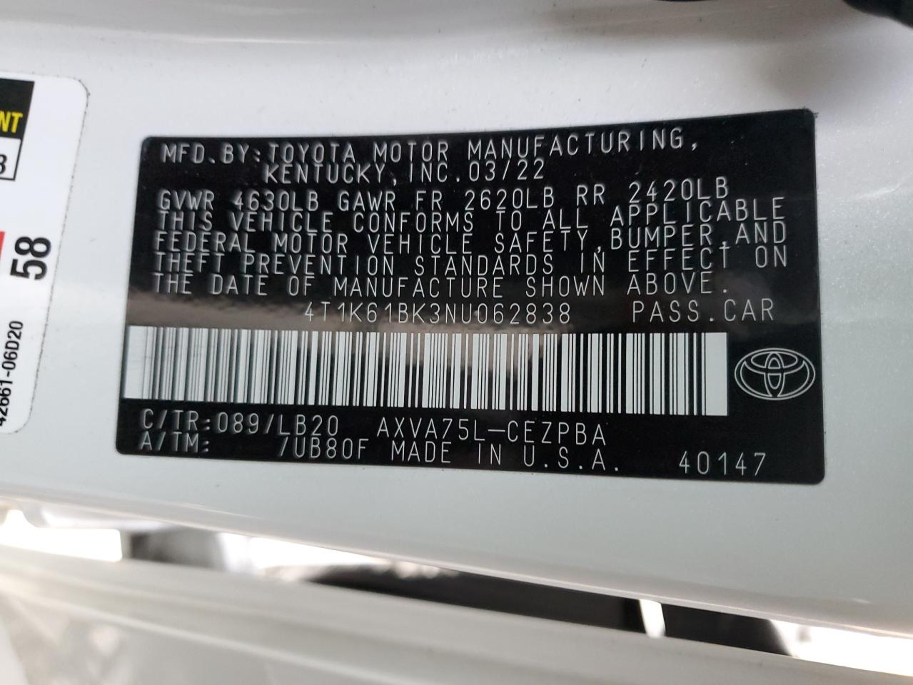 2022 TOYOTA CAMRY XSE VIN:4T1K61BK3NU062838