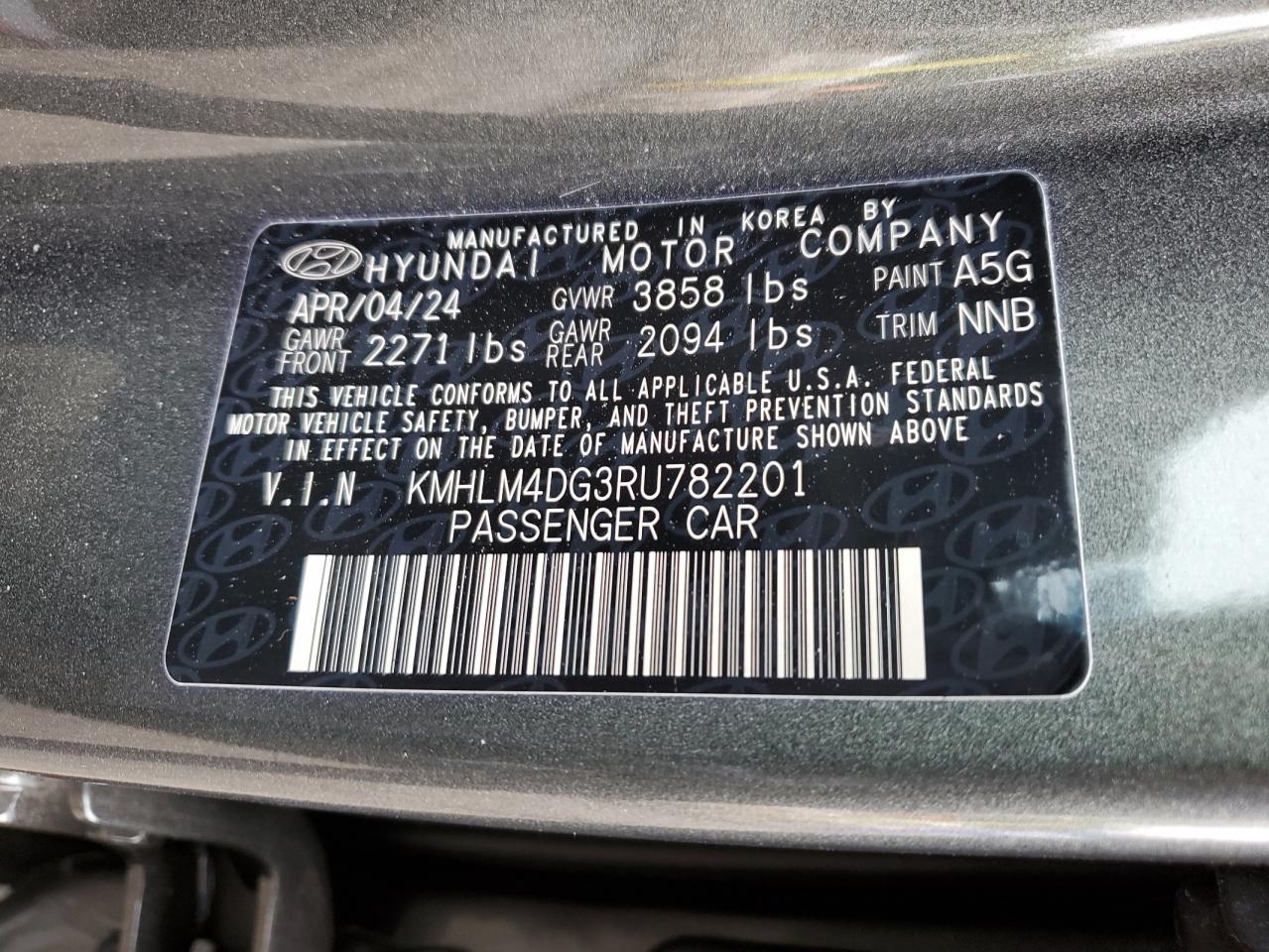 2024 HYUNDAI ELANTRA SEL VIN:KMHLM4DG3RU782201