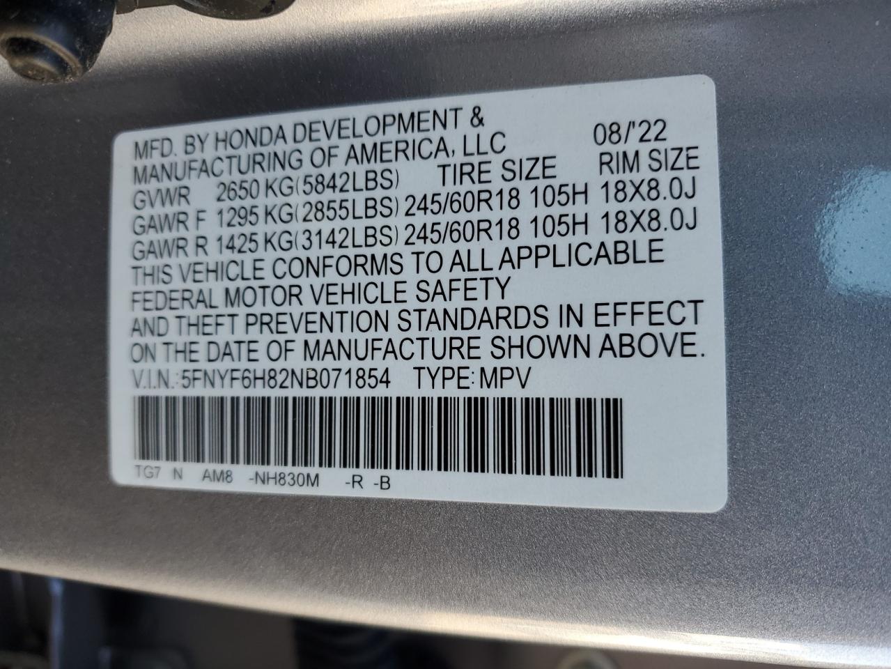 2022 HONDA PILOT TRAILSPORT VIN:5FNYF6H82NB071854