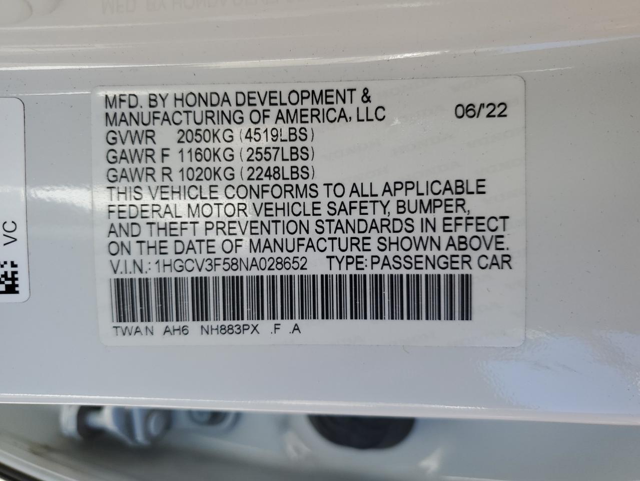 2022 HONDA ACCORD HYBRID EXL VIN:1HGCV3F58NA028652