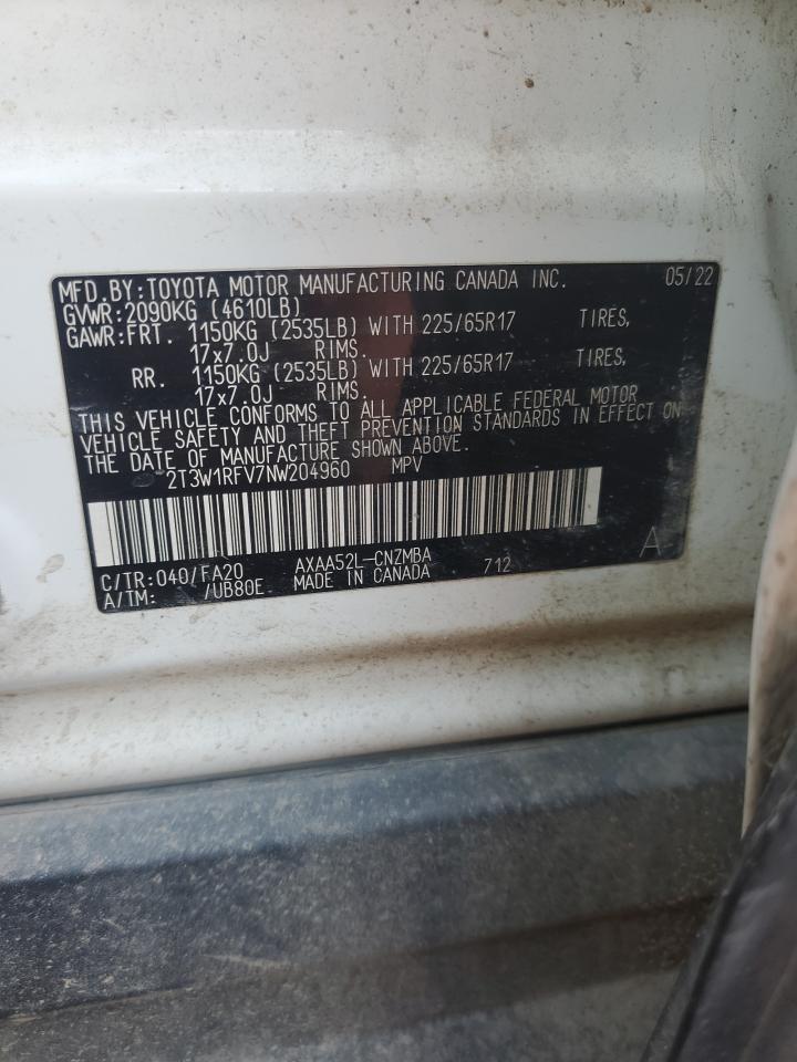 2022 TOYOTA RAV4 XLE VIN:2T3W1RFV7NW204960