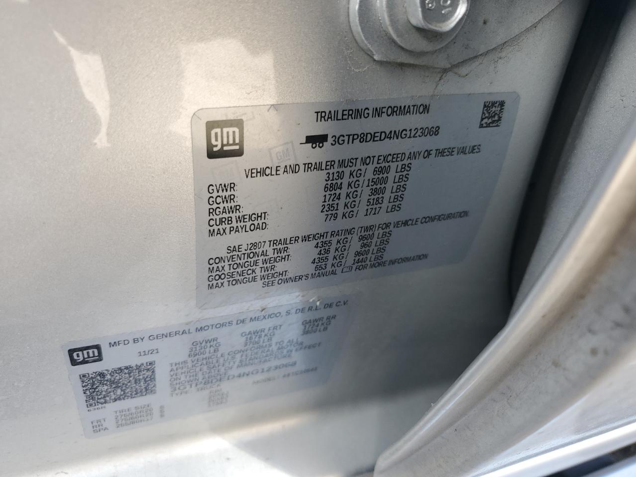 2022 GMC SIERRA LIMITED C1500 SLT VIN:3GTP8DED4NG123068