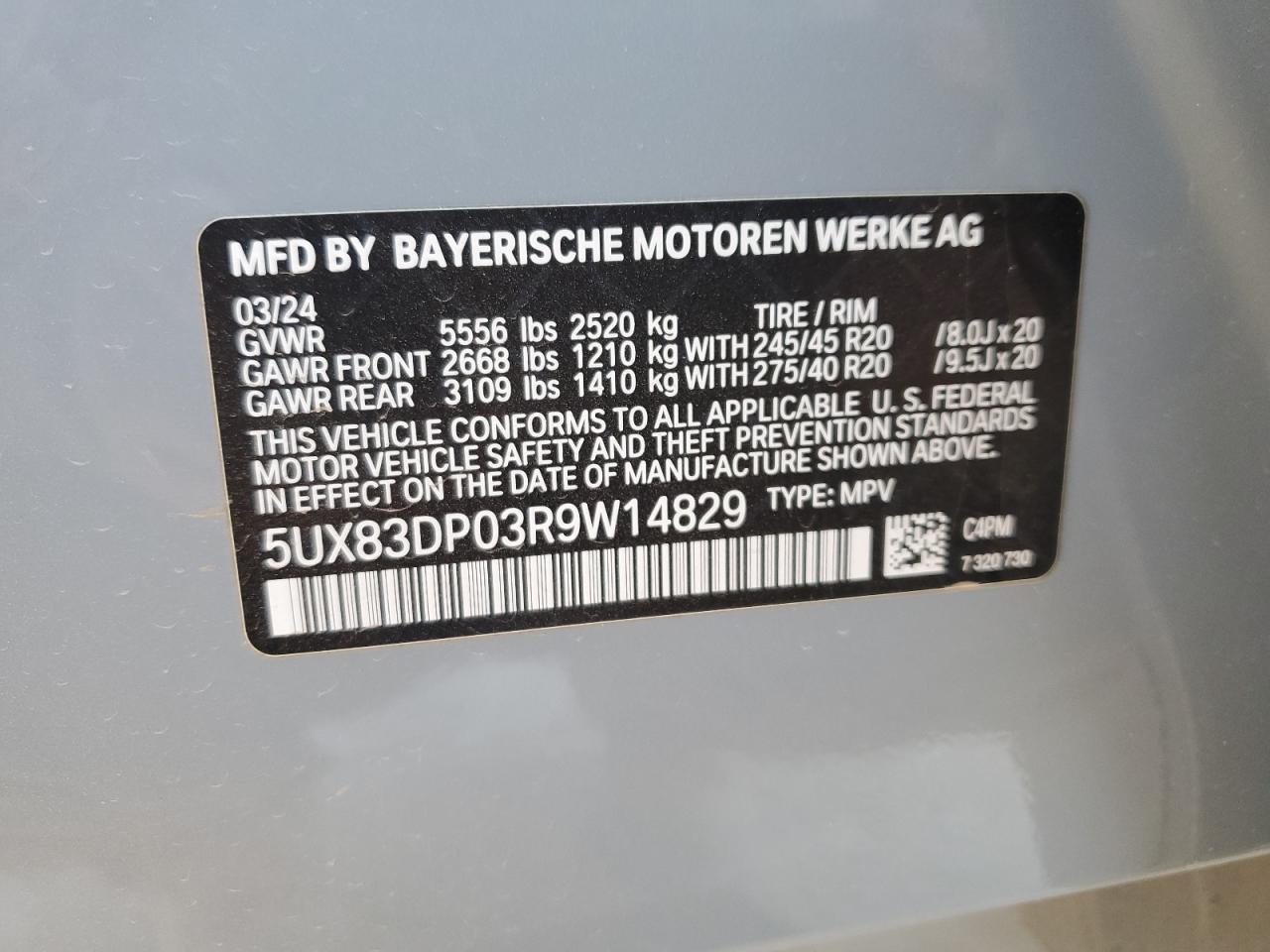 2024 BMW X3 M40I VIN:5UX83DP03R9W14829