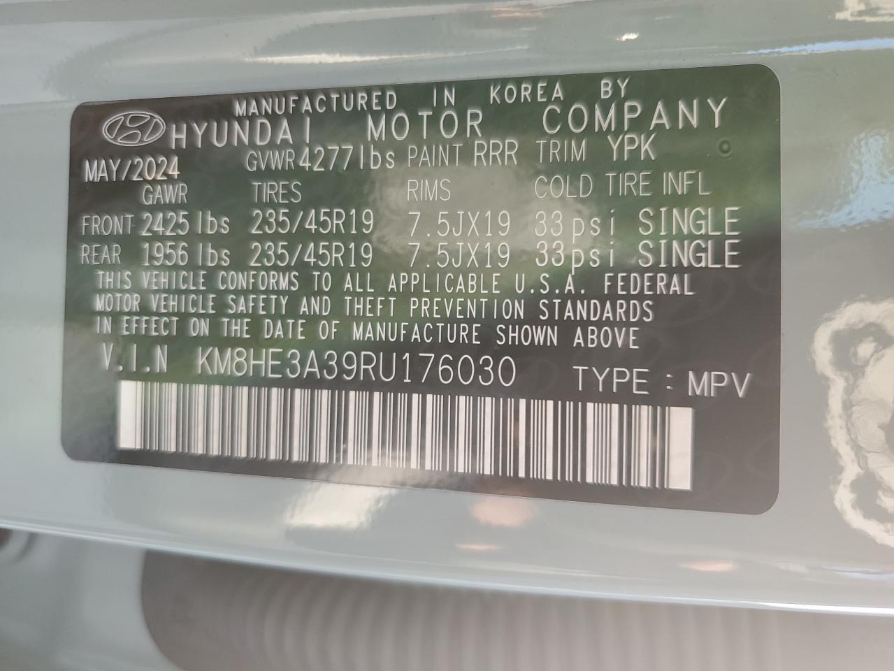 2024 HYUNDAI KONA LIMITED VIN:KM8HE3A39RU176030